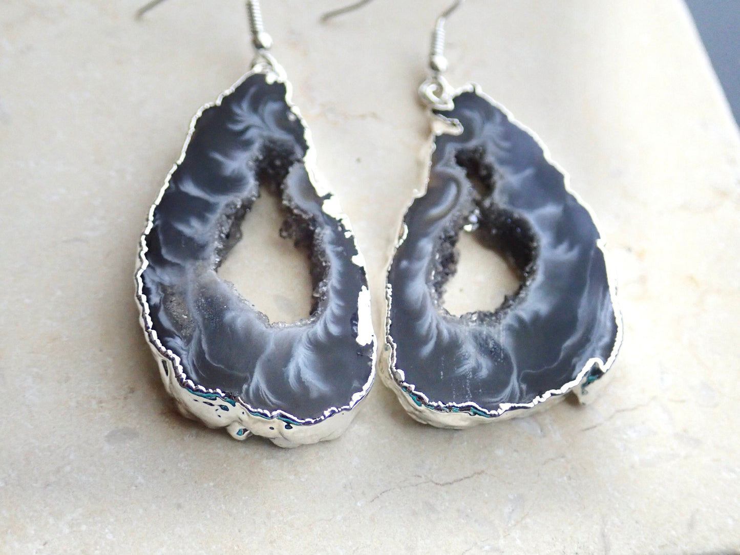 Geode Slicee Earrings Silver, | Boho Agate Crystal Jewelry