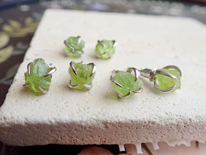 Peridot Stud Earrings Silver, Natural Gemstone Earrings, Green Crystal Birthstone Earrings