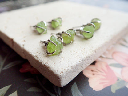 Peridot Stud Earrings Silver, Natural Gemstone Earrings, Green Crystal Birthstone Earrings