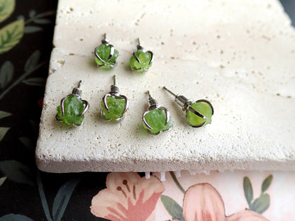 Peridot Stud Earrings Silver, Natural Gemstone Earrings, Green Crystal Birthstone Earrings
