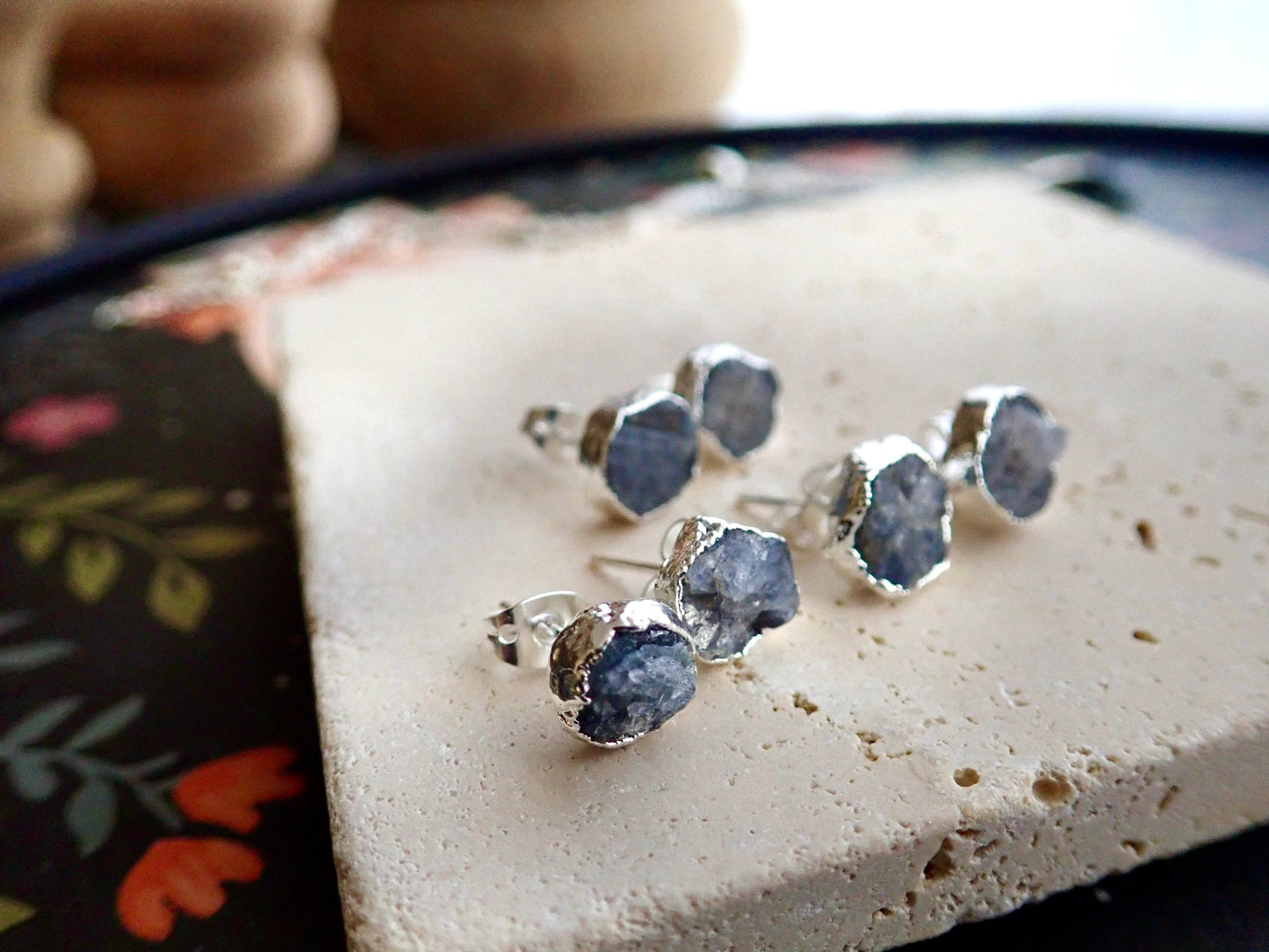 Sapphire Studs Earrings, Raw Gemstone Stud Earrings Silver, Sapphire Jewelry, Birth Month Earrings, September Birthstone Gift