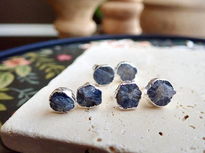 Sapphire Studs Earrings, Raw Gemstone Stud Earrings Silver, Sapphire Jewelry, Birth Month Earrings, September Birthstone Gift