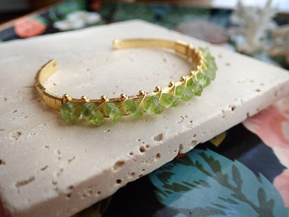 Gold Plated Open Cuff Bracelet with Wire-Wrapped Raw Peridots | August Birthstone Jewelry