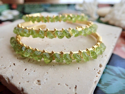 Gold Plated Open Cuff Bracelet with Wire-Wrapped Raw Peridots | August Birthstone Jewelry