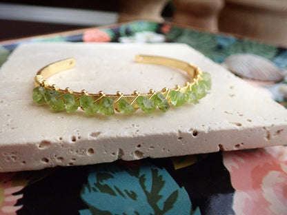 Gold Plated Open Cuff Bracelet with Wire-Wrapped Raw Peridots | August Birthstone Jewelry