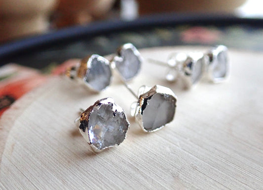 Raw Herkimer Diamond Stud Earrings | 14K Gold Plated | Natural Crystal Jewelry