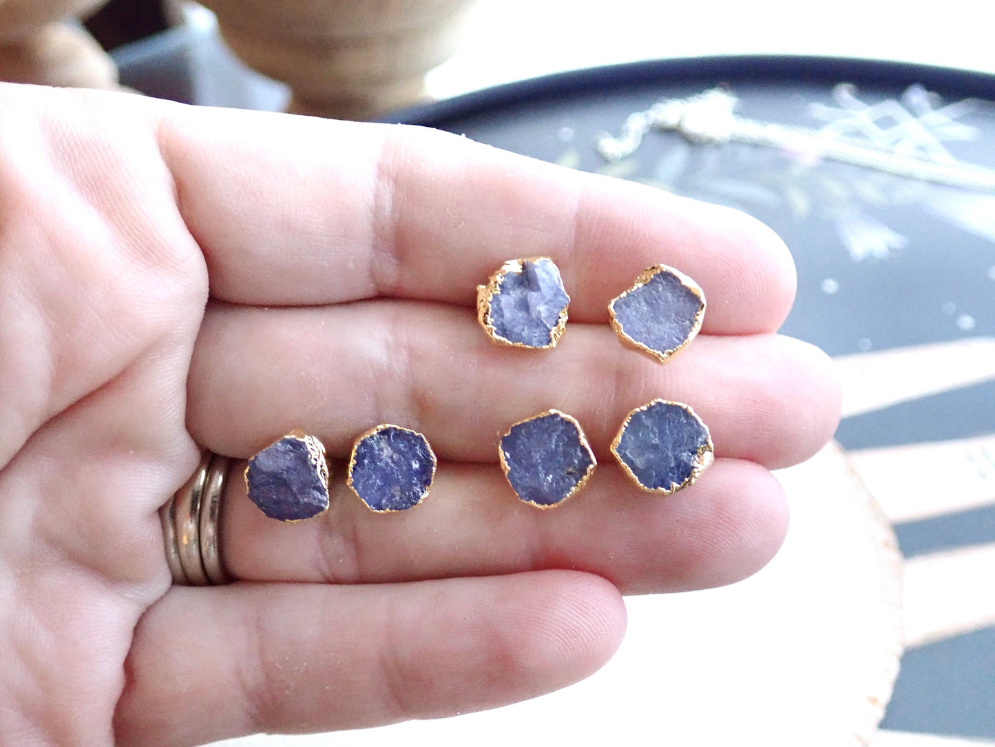 Raw Tanzanite Stud Earrings – Electroplated in 14k Gold Vermeil | Natural December Birthstone Jewelry