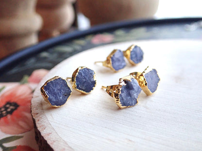 Raw Tanzanite Stud Earrings – Electroplated in 14k Gold Vermeil | Natural December Birthstone Jewelry