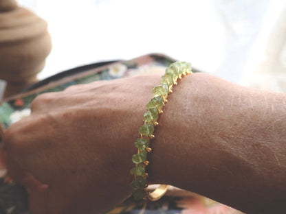 Gold Plated Open Cuff Bracelet with Wire-Wrapped Raw Peridots | August Birthstone Jewelry