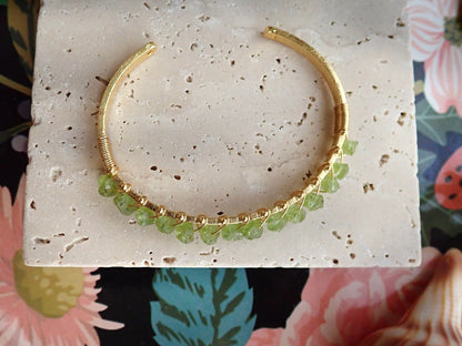 Gold Plated Open Cuff Bracelet with Wire-Wrapped Raw Peridots | August Birthstone Jewelry