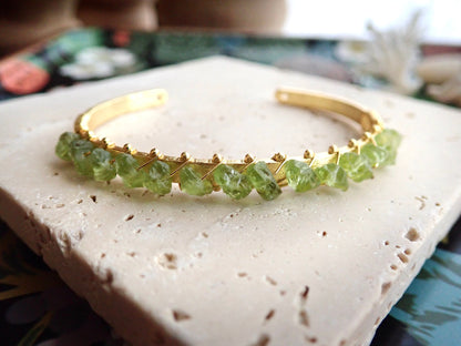 Gold Plated Open Cuff Bracelet with Wire-Wrapped Raw Peridots | August Birthstone Jewelry