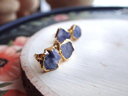 Raw Tanzanite Stud Earrings – Electroplated in 14k Gold Vermeil | Natural December Birthstone Jewelry