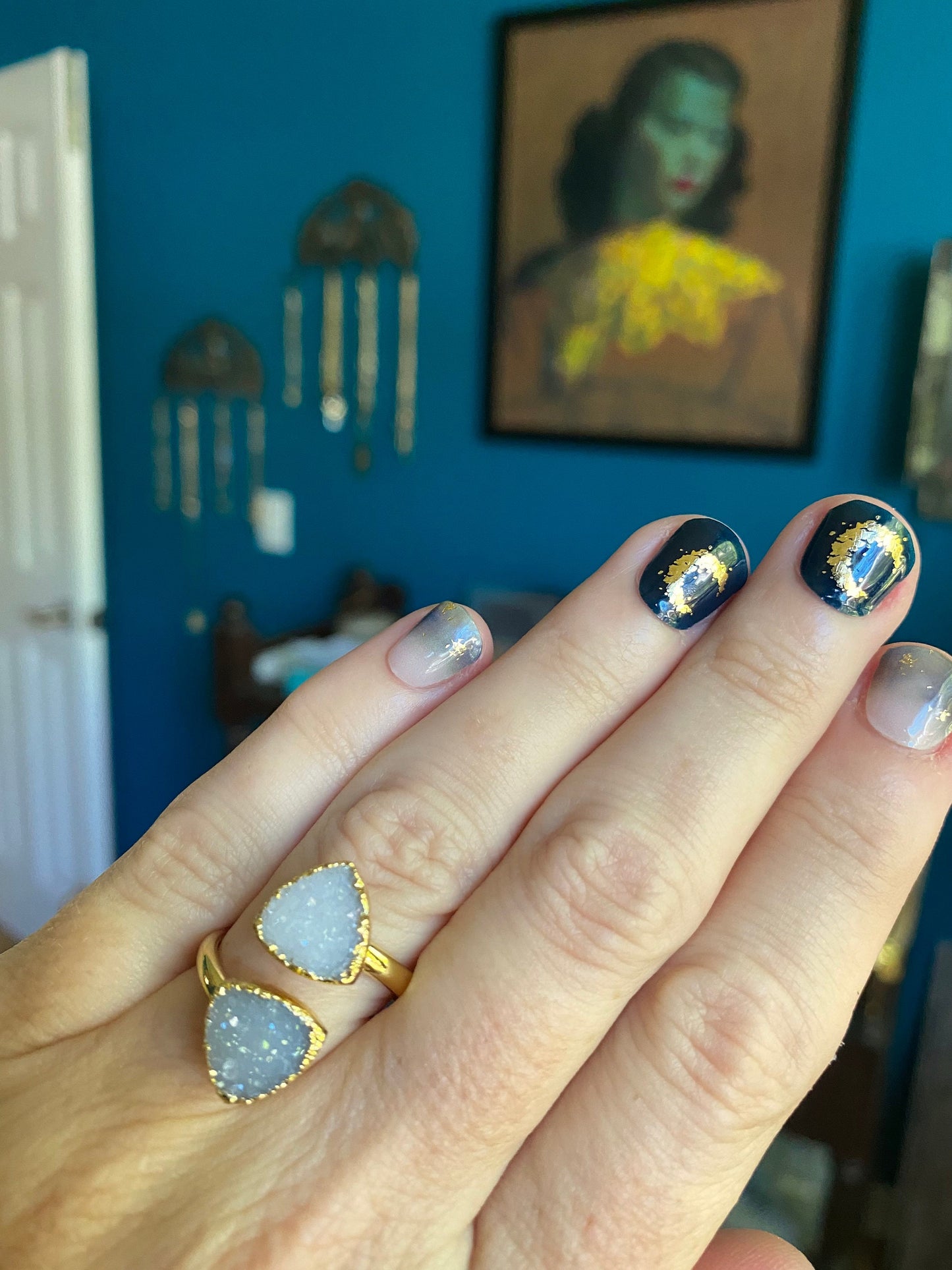 Gold Druzy Geometric Ring, Electroplated Quartz Statement Ring, Blue Purple Gemstone Wrap (Adjustable)