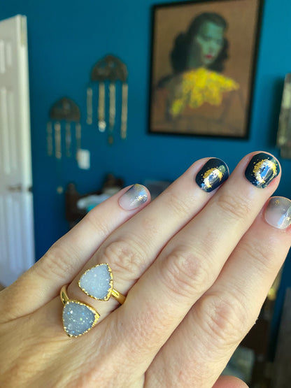 Gold Druzy Geometric Ring, Electroplated Quartz Statement Ring, Blue Purple Gemstone Wrap (Adjustable)