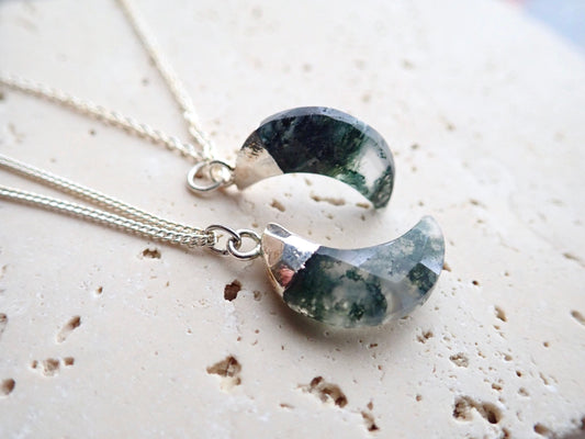 Moss Agate Necklace, Silver - Crescent Moon Pendant  - Celestial Jewelry