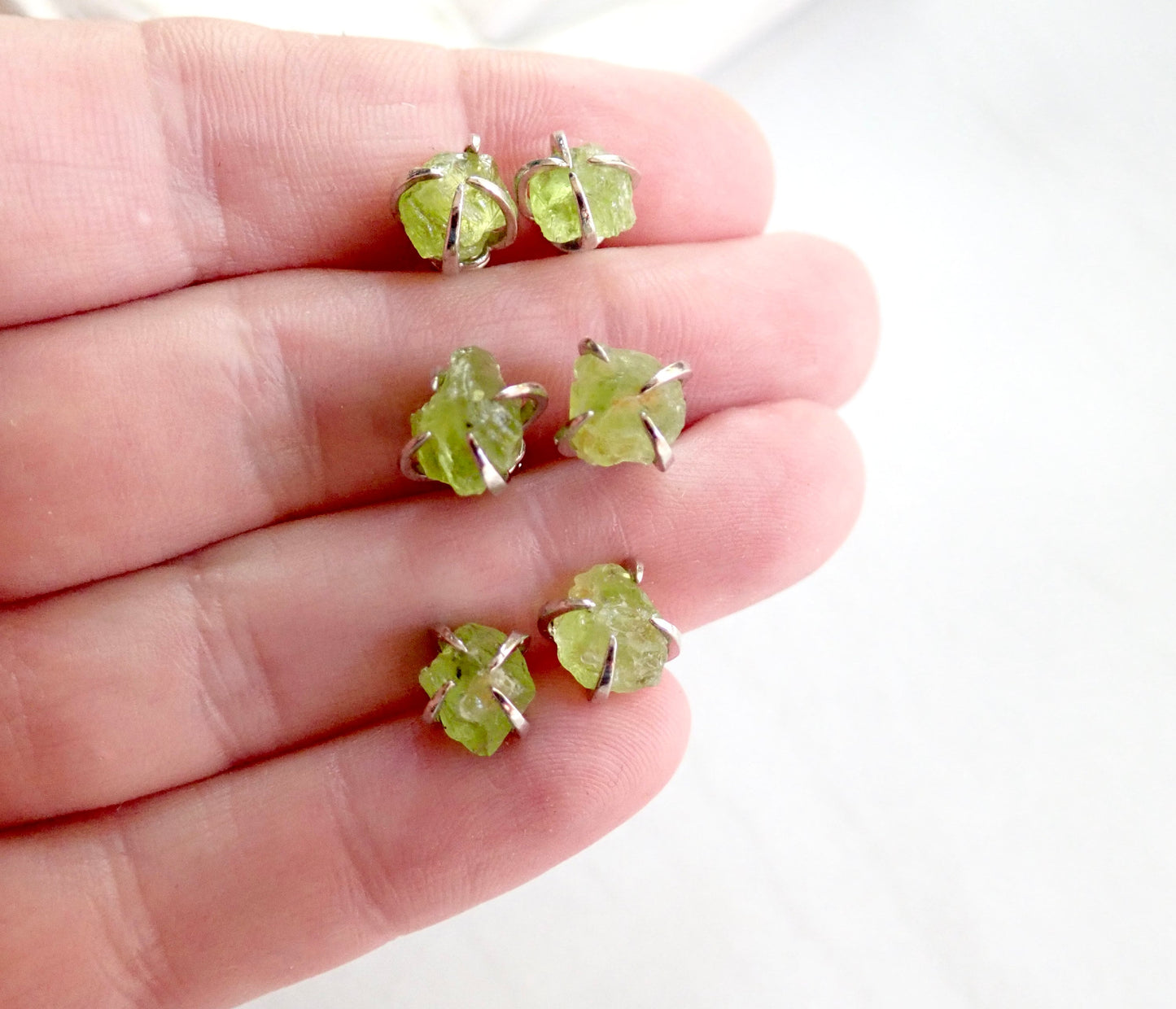 Peridot Stud Earrings Silver, Natural Gemstone Earrings, Green Crystal Birthstone Earrings