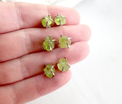 Peridot Stud Earrings Silver, Natural Gemstone Earrings, Green Crystal Birthstone Earrings