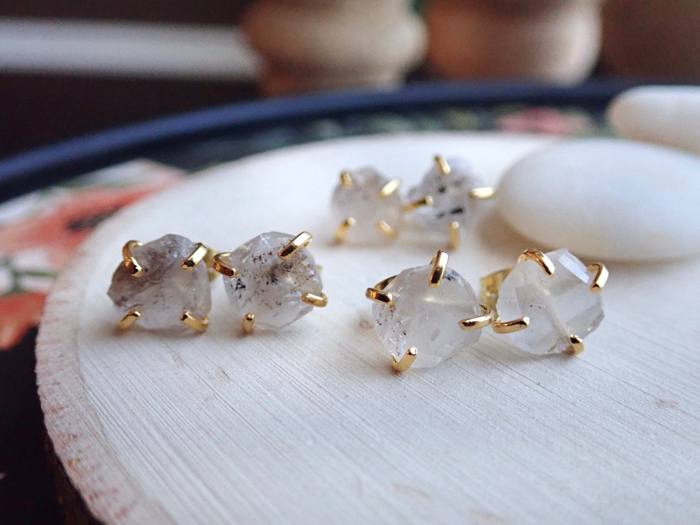 Herkimer Diamond Earrings - Raw Crystal Earrings, Natural Gemstone Studs