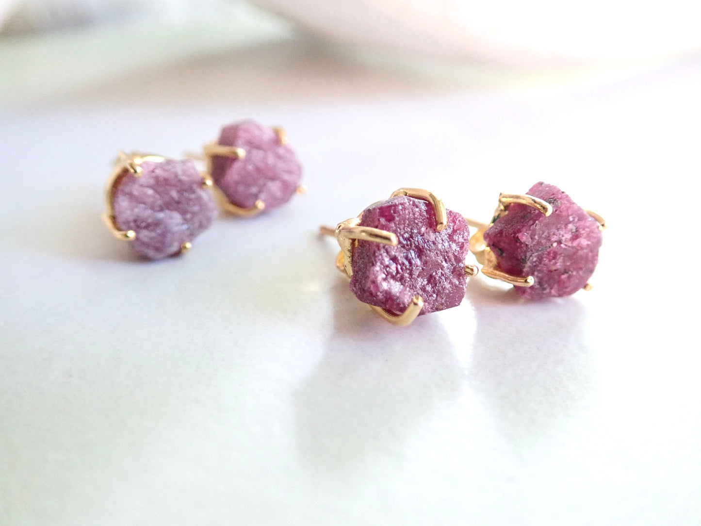 Raw Ruby Stud Earrings | July Birthstone Gift | Natural Pink Gemstone Post Earrings