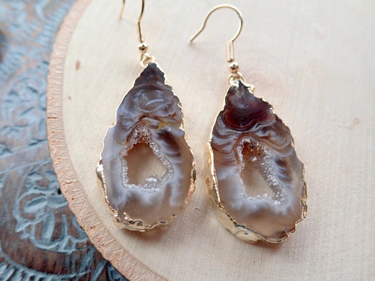 Natural Geode Slice Dangle Earrings – Swirled Druzy Centers Edged in 14k Gold, Statement Crystal Jewelry
