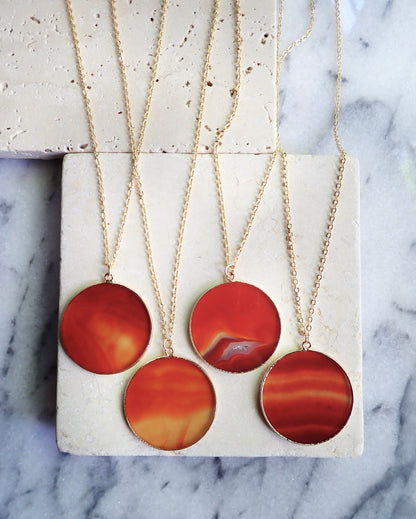 Carnelian Necklace Gold, Large Orange Gemstone Disc Pendant Necklace, Agate Slice Necklace