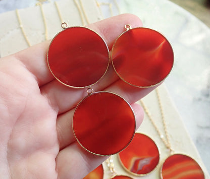 Carnelian Necklace Gold, Large Orange Gemstone Disc Pendant Necklace, Agate Slice Necklace