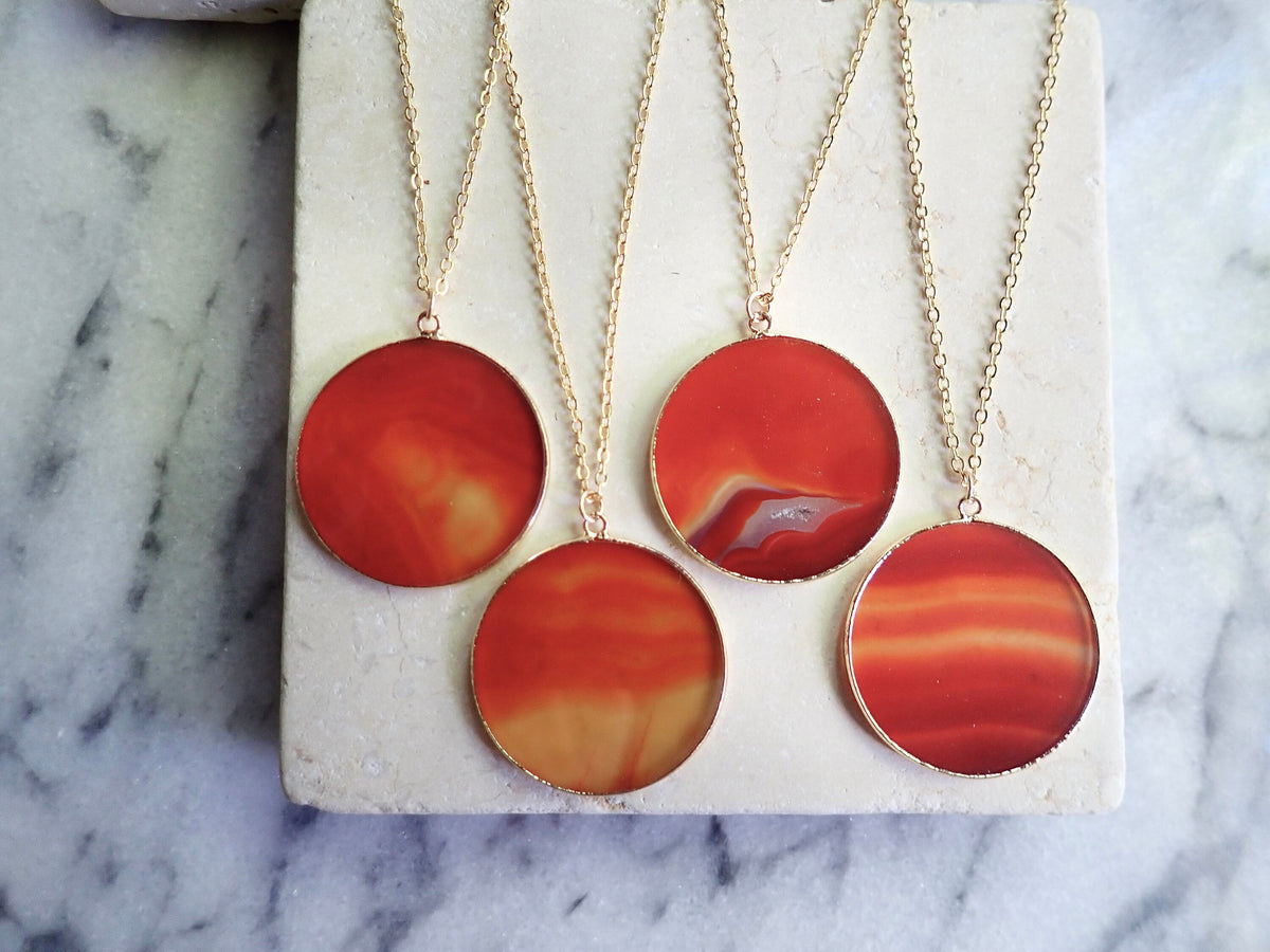 Carnelian Necklace Gold, Large Orange Gemstone Disc Pendant Necklace, Agate Slice Necklace