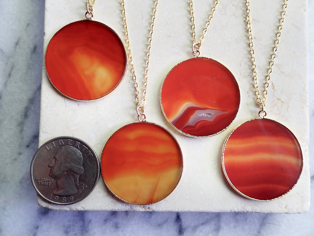 Carnelian Necklace Gold, Large Orange Gemstone Disc Pendant Necklace, Agate Slice Necklace