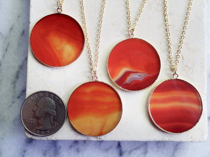 Carnelian Necklace Gold, Large Orange Gemstone Disc Pendant Necklace, Agate Slice Necklace
