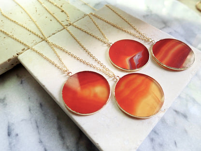 Carnelian Necklace Gold, Large Orange Gemstone Disc Pendant Necklace, Agate Slice Necklace