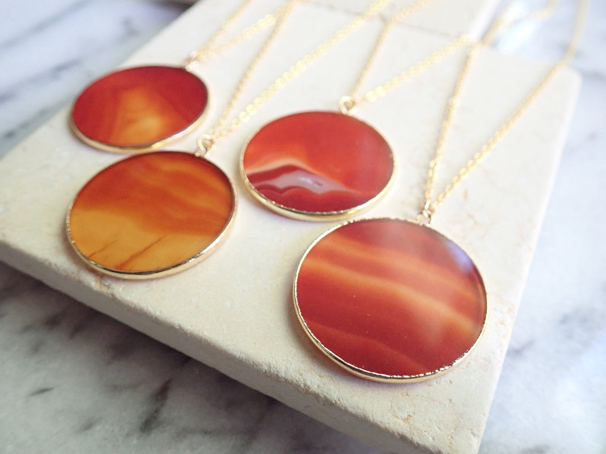 Carnelian Necklace Gold, Large Orange Gemstone Disc Pendant Necklace, Agate Slice Necklace