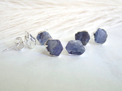 Sapphire Studs Earrings, Raw Gemstone Stud Earrings Silver, Sapphire Jewelry, Birth Month Earrings, September Birthstone Gift