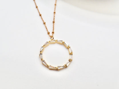 Gold Fill Eternity Necklace with  Baguette Crystals,  Halo Circle Pendant, Dainty Minimalist Jewelry, Gift for Her Everyday Elegant Gift