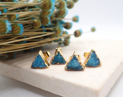 Druzy Stud Earrings, Teal Crystal Stud Earrings, Triangle Stud Earrings