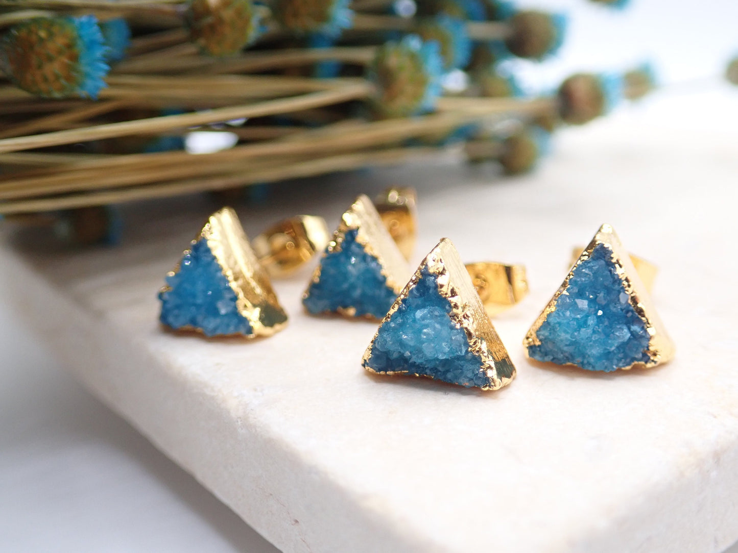 Druzy Stud Earrings, Teal Crystal Stud Earrings, Triangle Stud Earrings