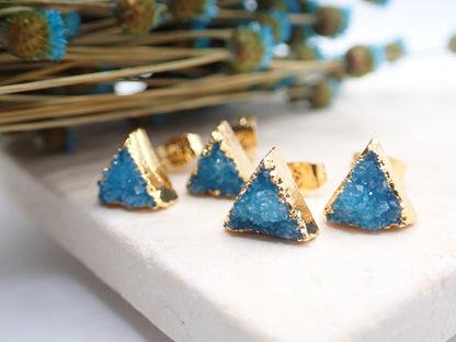 Druzy Stud Earrings, Teal Crystal Stud Earrings, Triangle Stud Earrings