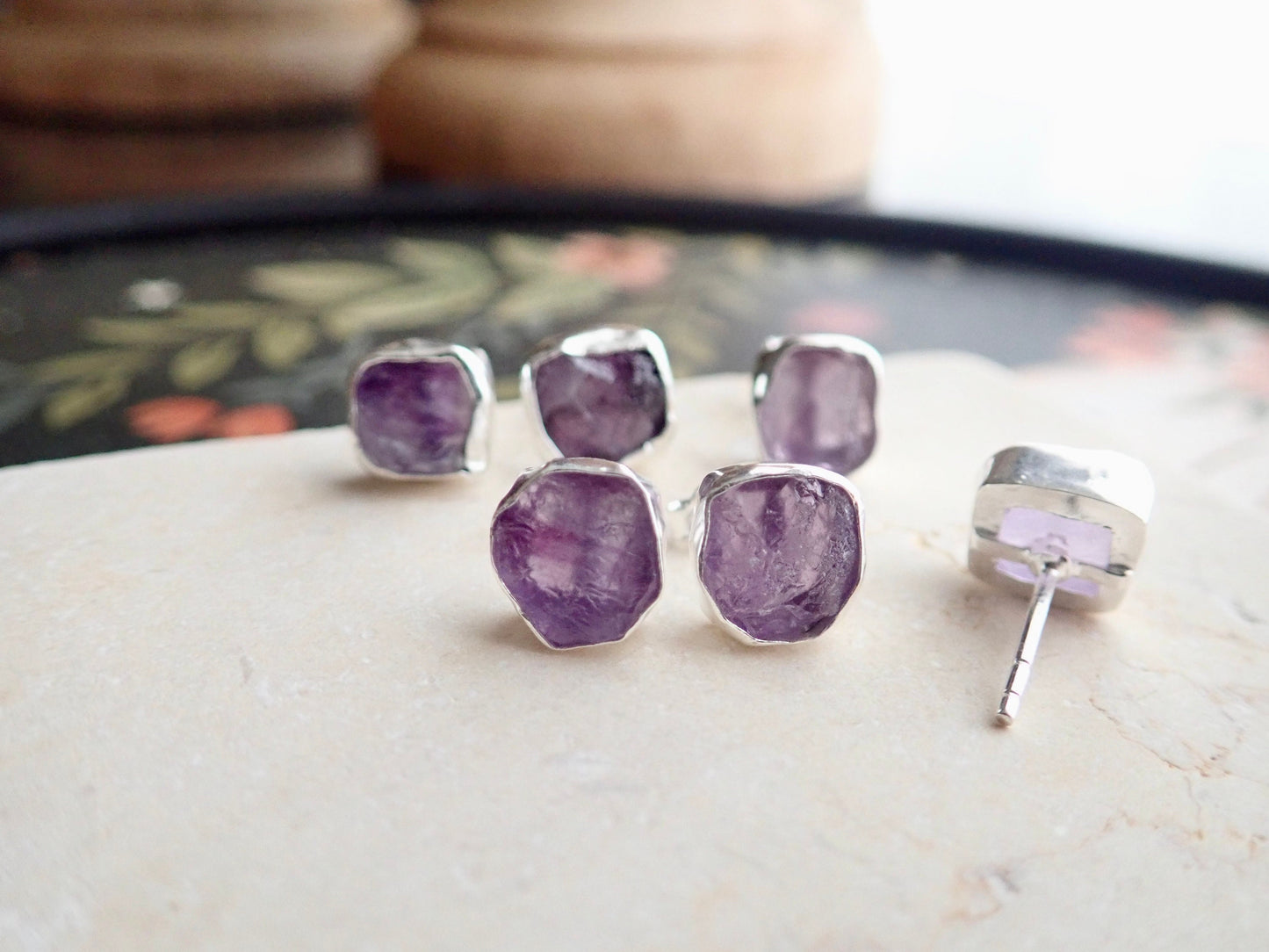 Raw Amethyst Gemstone Earrings – 14k Gold or Sterling Silver Stud Setting - February Birthstone Gift