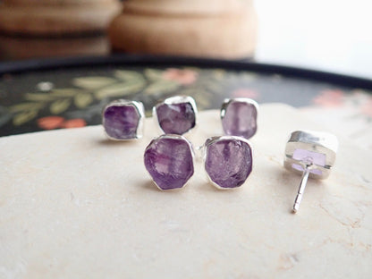 Raw Amethyst Gemstone Earrings – 14k Gold or Sterling Silver Stud Setting - February Birthstone Gift