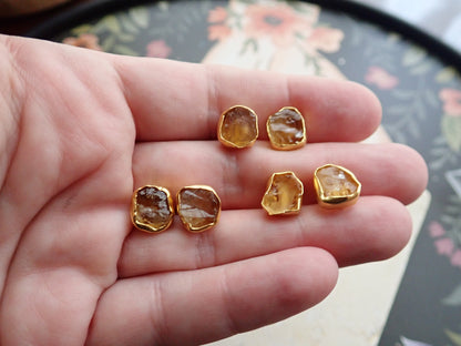 Raw Citrine Stud Earrings – 18k Gold Vermeil over Sterling Silver, Hypoallergenic