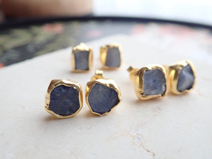 Raw Sapphire Stud Earrings | 24K Gold Vermeil Handmade Bezel | Hypoallergenic Natural Gemstone Jewelry