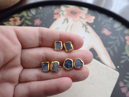 Raw Sapphire Stud Earrings | 24K Gold Vermeil Handmade Bezel | Hypoallergenic Natural Gemstone Jewelry