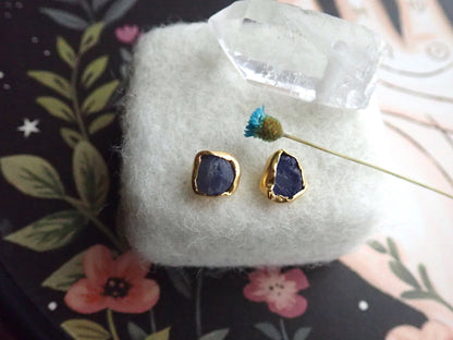 Raw Sapphire Stud Earrings | 24K Gold Vermeil Handmade Bezel | Hypoallergenic Natural Gemstone Jewelry