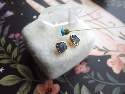 Raw Sapphire Stud Earrings | 24K Gold Vermeil Handmade Bezel | Hypoallergenic Natural Gemstone Jewelry