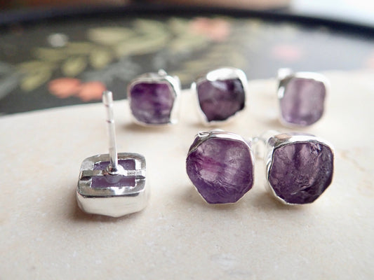 Raw Amethyst Gemstone Earrings – 14k Gold or Sterling Silver Stud Setting - February Birthstone Gift