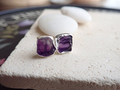 Raw Amethyst Gemstone Earrings – 14k Gold or Sterling Silver Stud Setting - February Birthstone Gift