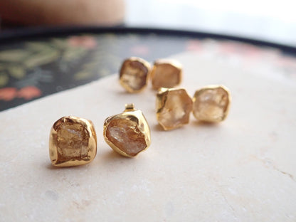 Raw Citrine Stud Earrings – 18k Gold Vermeil over Sterling Silver, Hypoallergenic