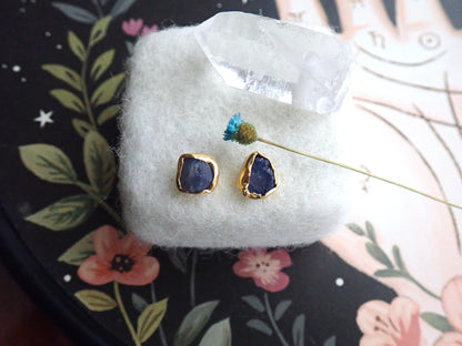 Raw Sapphire Stud Earrings | 24K Gold Vermeil Handmade Bezel | Hypoallergenic Natural Gemstone Jewelry