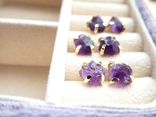 Natural Amethyst Stud Earrings – 14k Gold Plated Prong Setting | February Birthstone