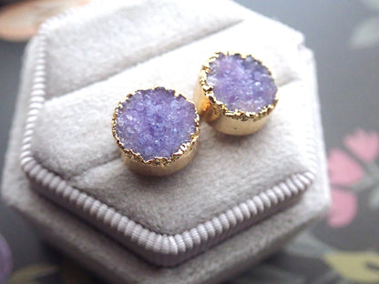 Purple Druzy Stud Earrings – 10mm Round Electroplated in 24k Gold | Boho Crystal Jewelry