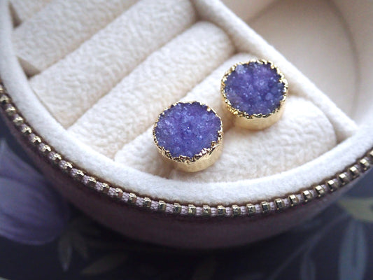 Purple Druzy Stud Earrings – 10mm Round Electroplated in 24k Gold | Boho Crystal Jewelry